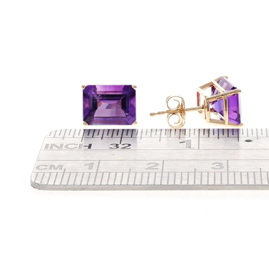 14K Yellow Gold Emerald Cut Amethyst Stud Earrings - Image 2