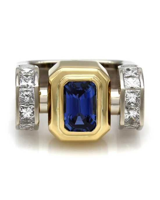 Emerald Cut Sapphire and Diamond Ring in Gold - Image 2