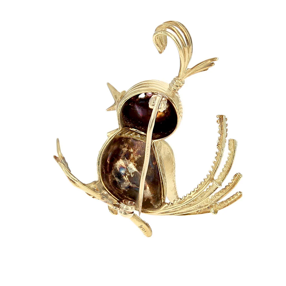 Etched Canary Bird Pin with Pink Sapphire Eye in Yellow Gold - Image 2