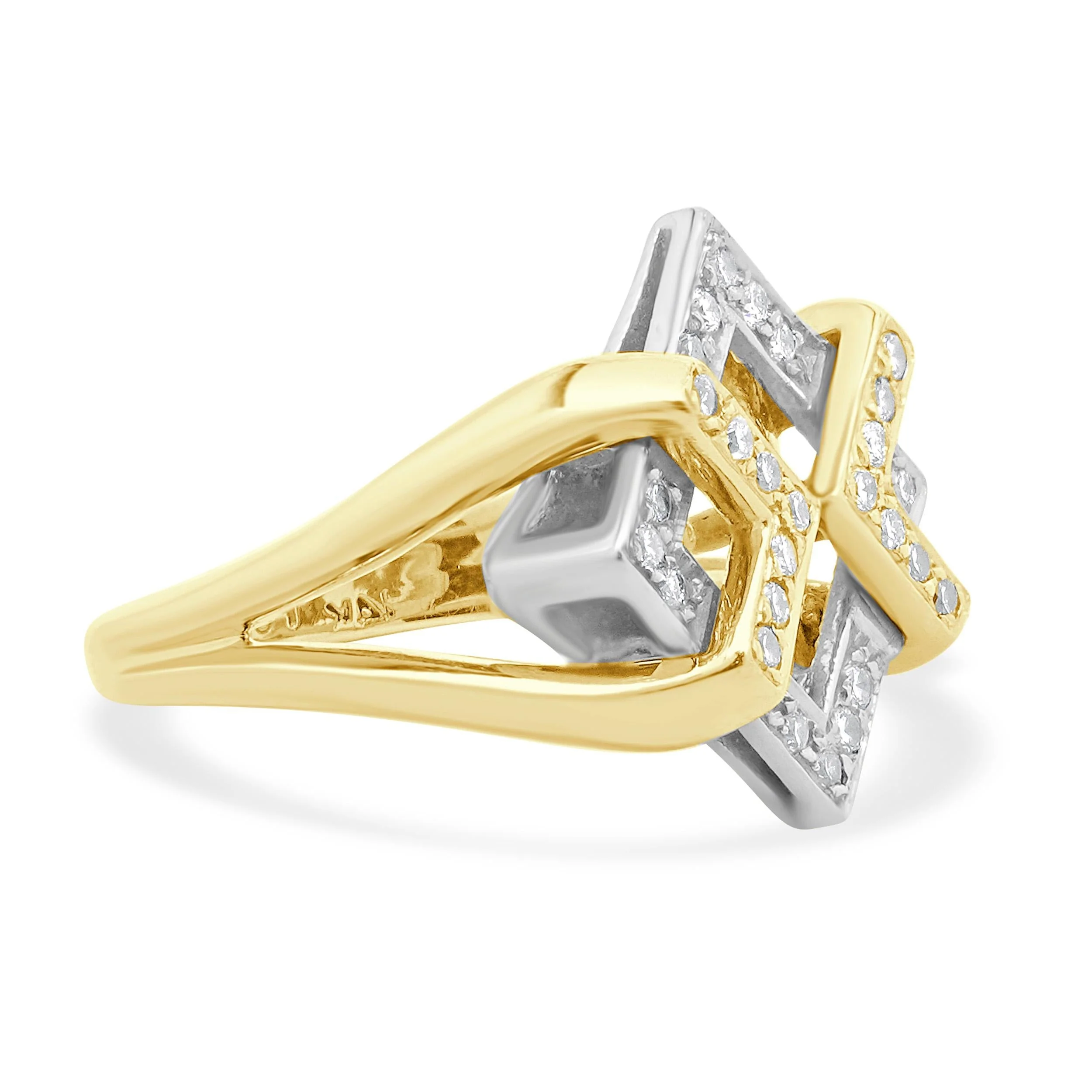 Fortunes 14 Karat Yellow & White Gold Diamond Geometric Interlocking Ring - Image 3