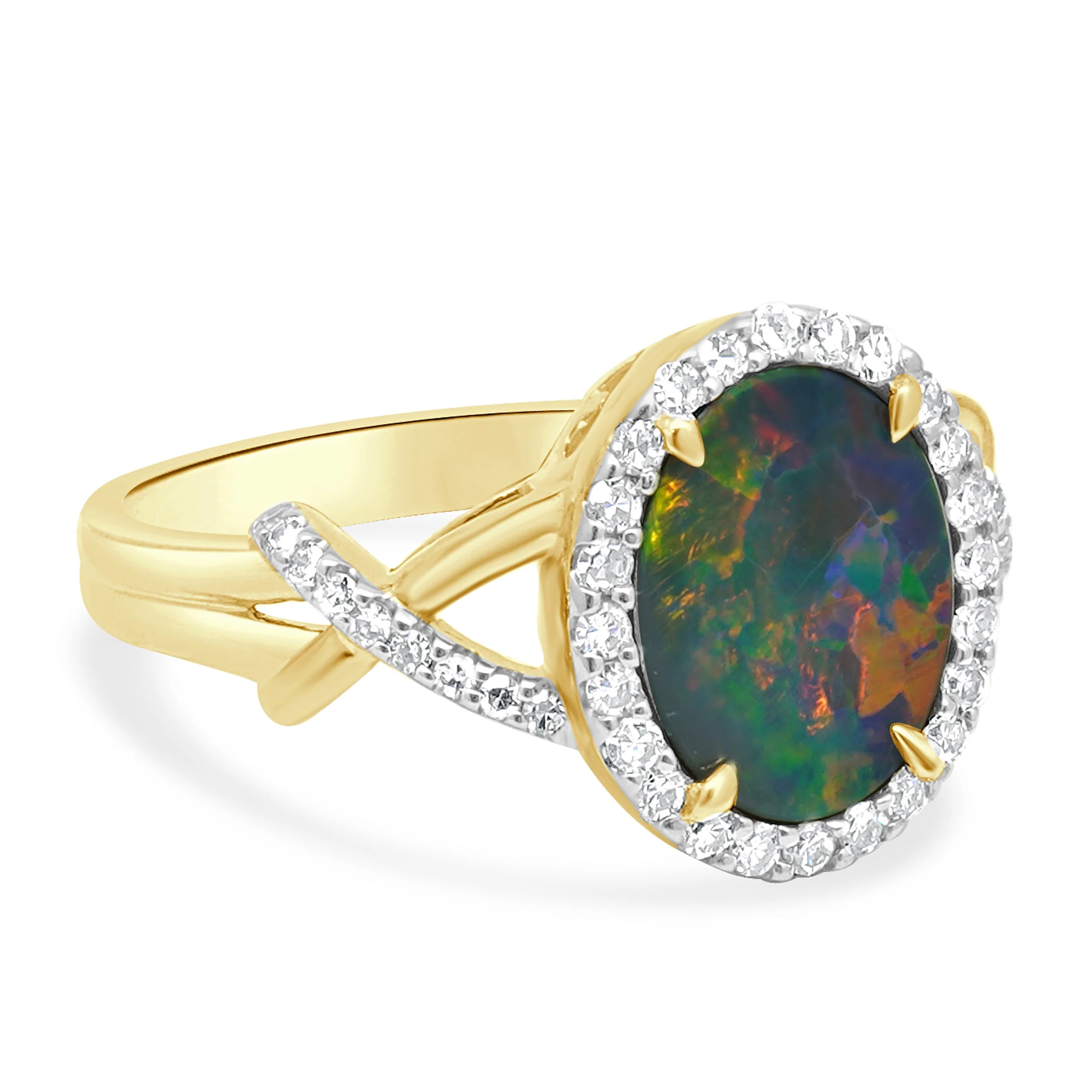 Fremonti 14K Yellow Gold Oval Boulder Opal and Round Diamond Halo Crossover Ring - Image 3