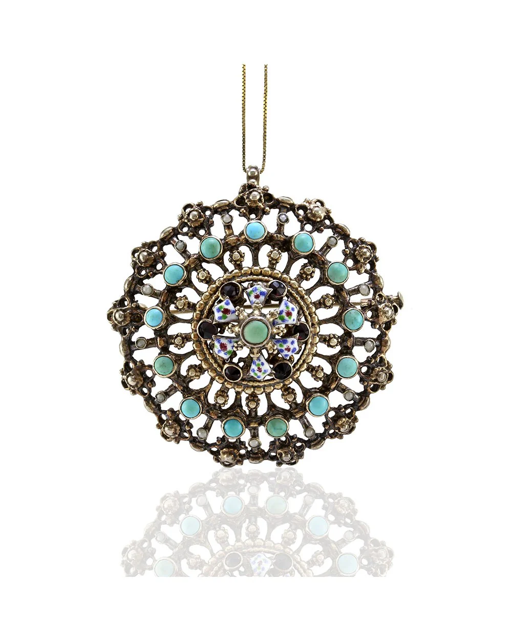 Garnet, Turquoise, and Pearl Edwardian Pin