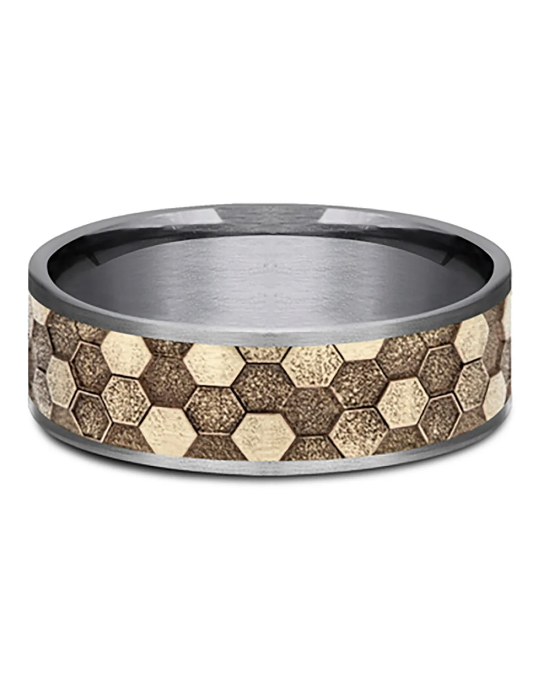 Gentlemen's Honeycomb Pattern Comfort Fit Band in Grey Tantalum and Yellow Gold - Image 2