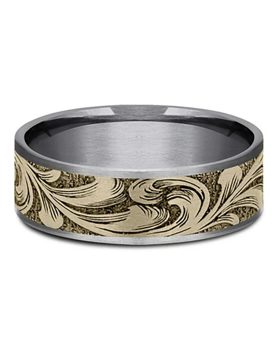 Gentlemen's Large Barrel Script Pattern Comfort Fit Band in Tantalum and Yellow Gold - Image 2