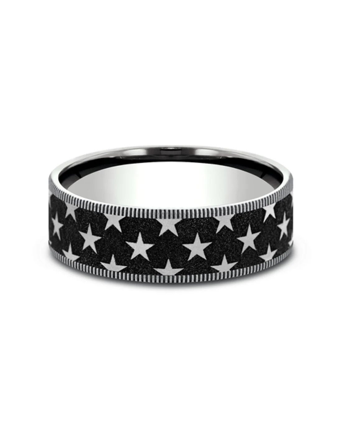 Gentlemen's Star Pattern Comfort Fit Band in White Gold and Titanium - Image 2