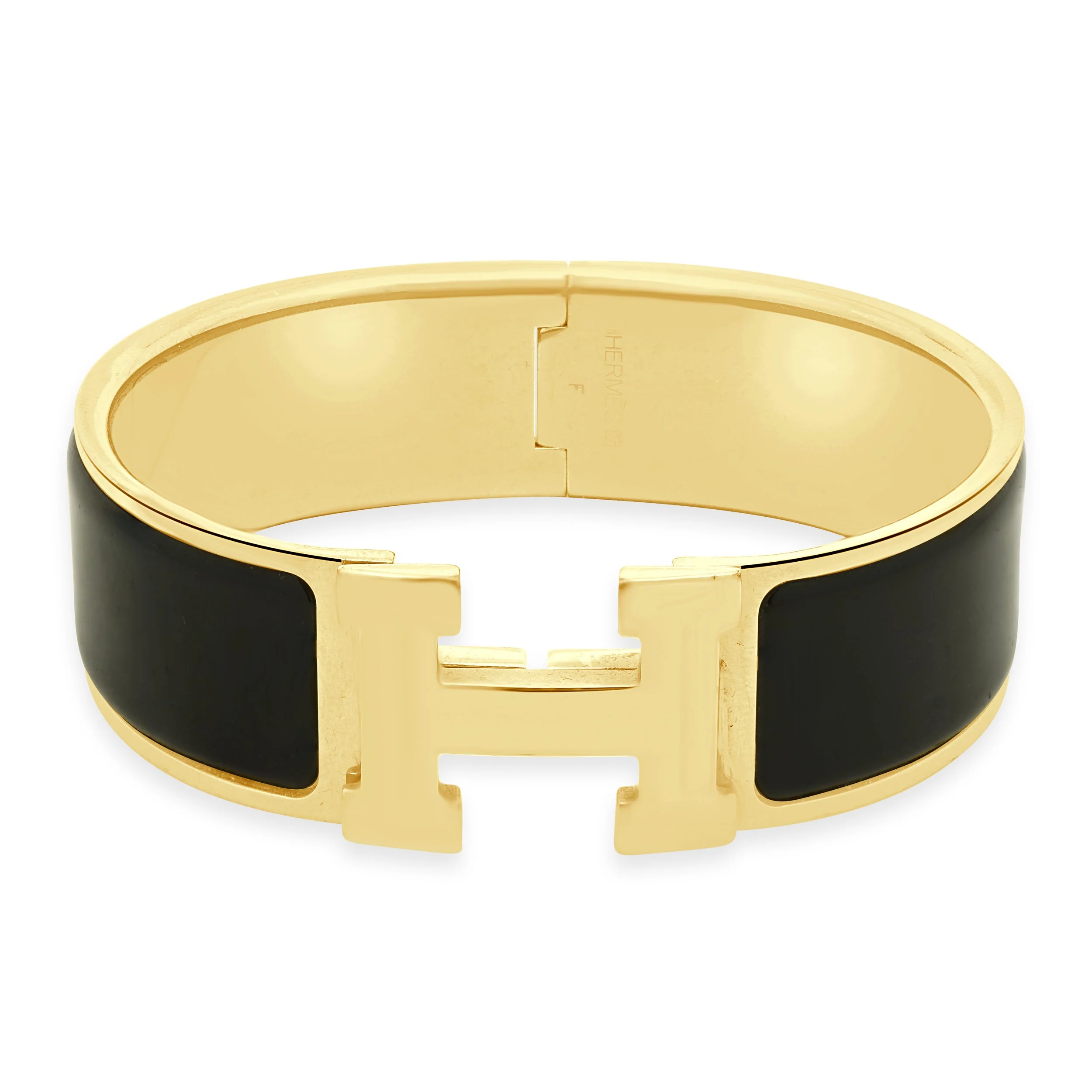Hermes Gold-Plated Clic Clac Black Enamel "H" Logo Bracelet 6.75"