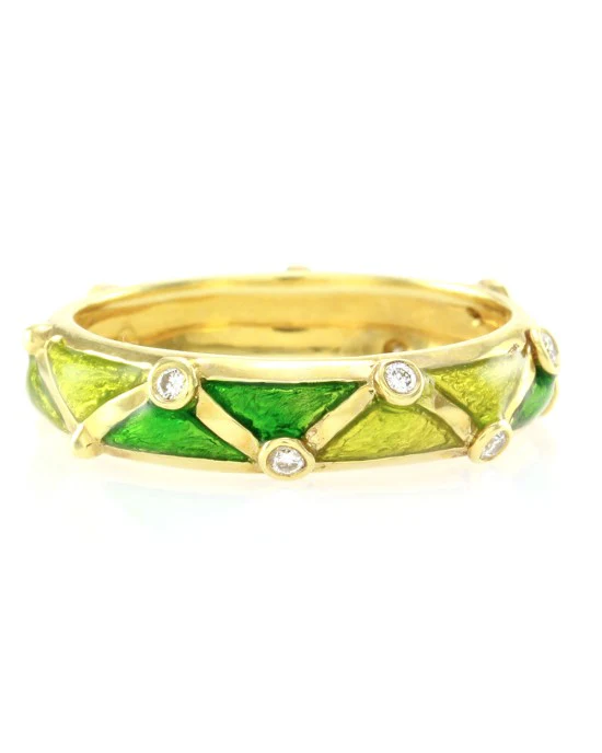 Hidalgo Green Enamel Band w/ 0.06ctw Diamond Station in 18K Yellow Gold SZ 6.25 - Image 2