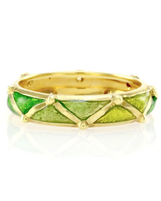 Hidalgo Green Enamel Band w/ 0.06ctw Diamond Station in 18K Yellow Gold SZ 6.25 - Image 3