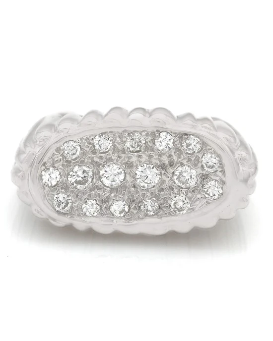 Horizontal Oval Pave Diamond Ring with Ribbed Design in 14k White Gold - Image 2