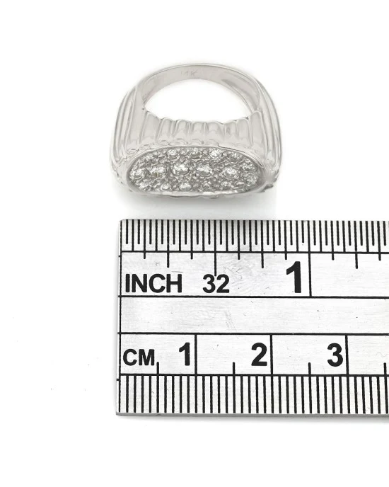 Horizontal Oval Pave Diamond Ring with Ribbed Design in 14k White Gold - Image 3