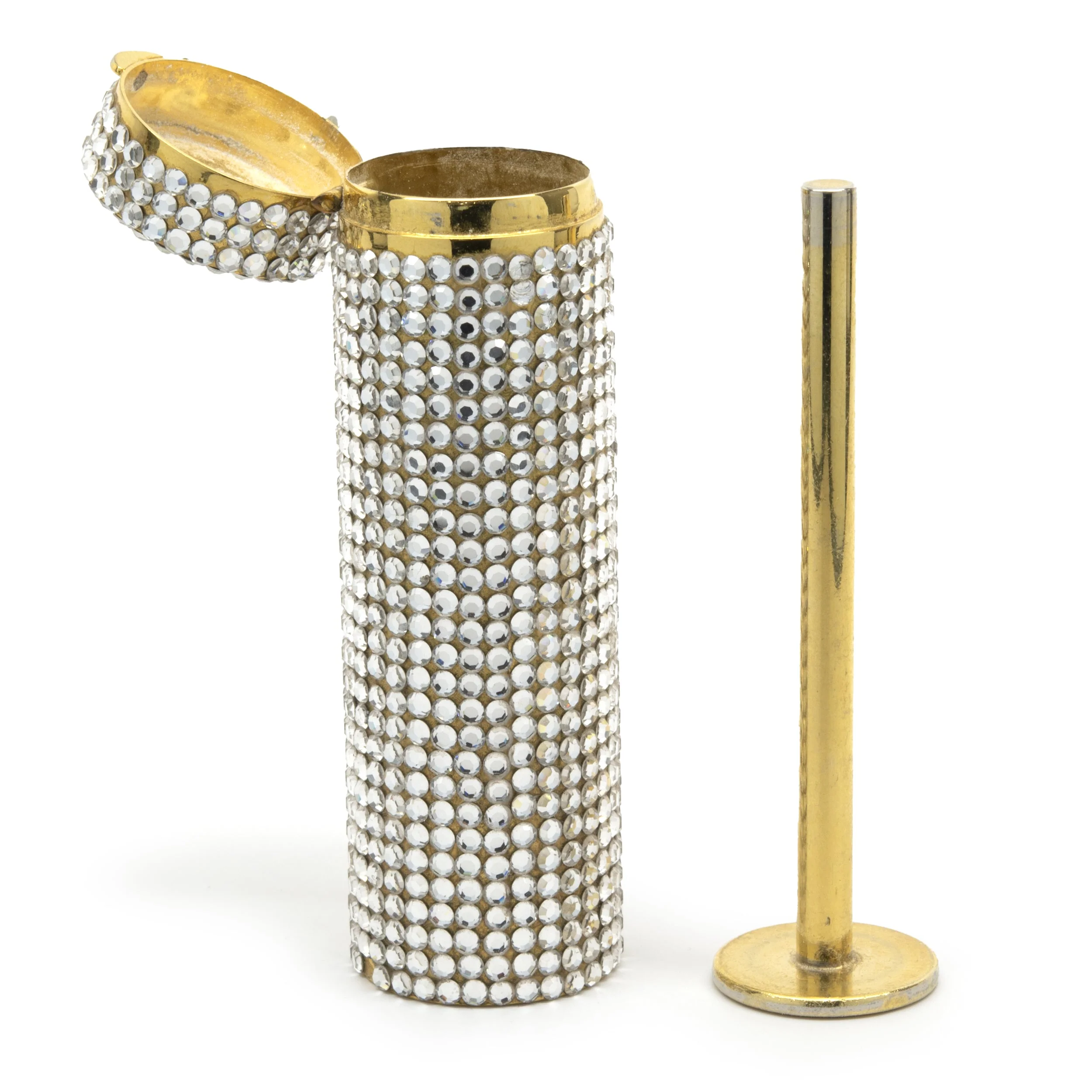 Judith Leiber Gold Tone Steel Crystal Cylinder Case - Image 2