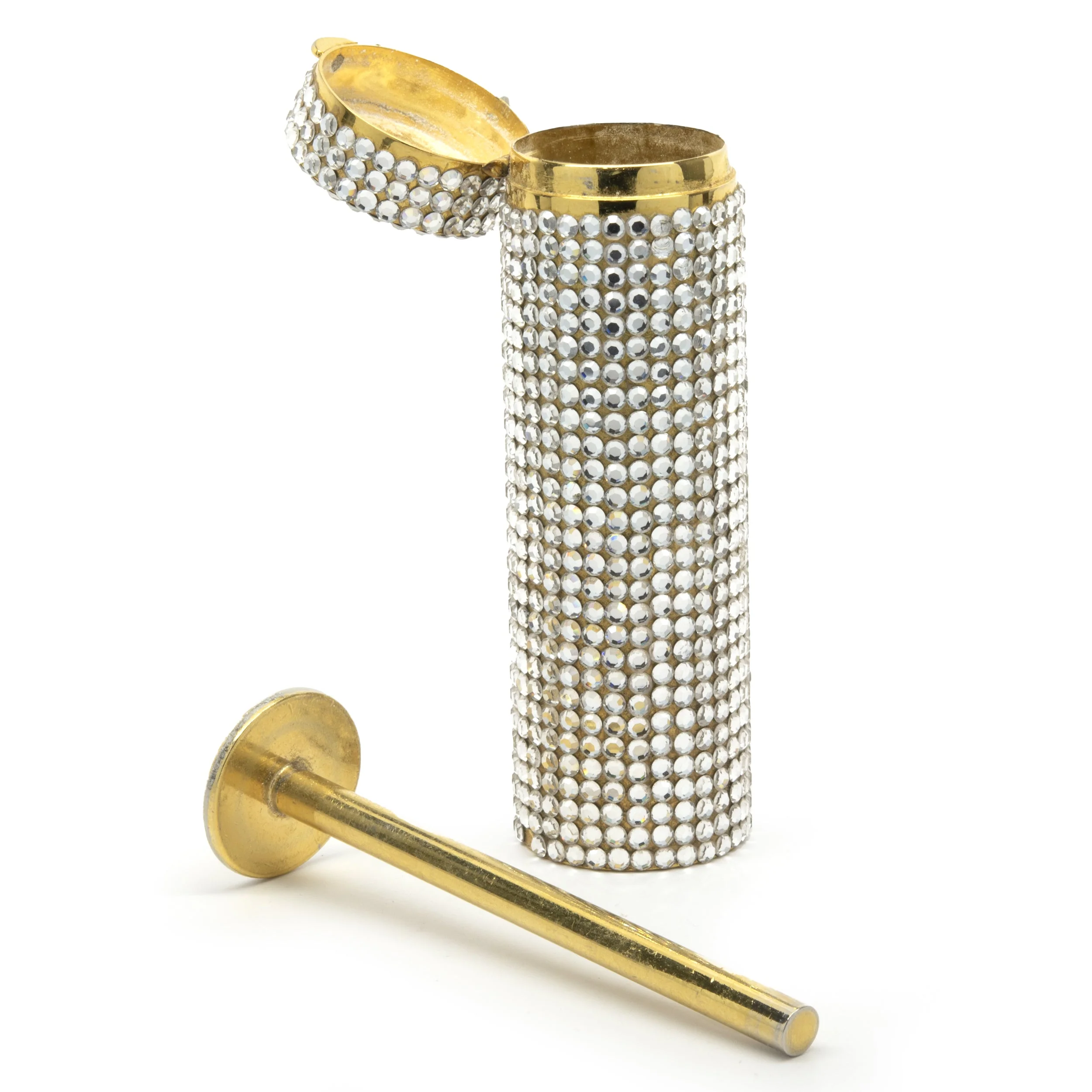 Judith Leiber Gold Tone Steel Crystal Cylinder Case - Image 3