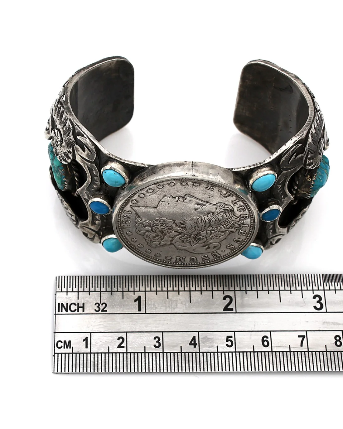 Large Vintage Navajo Sterling Silver Turquoise Watch Cuff Bracelet - Image 4