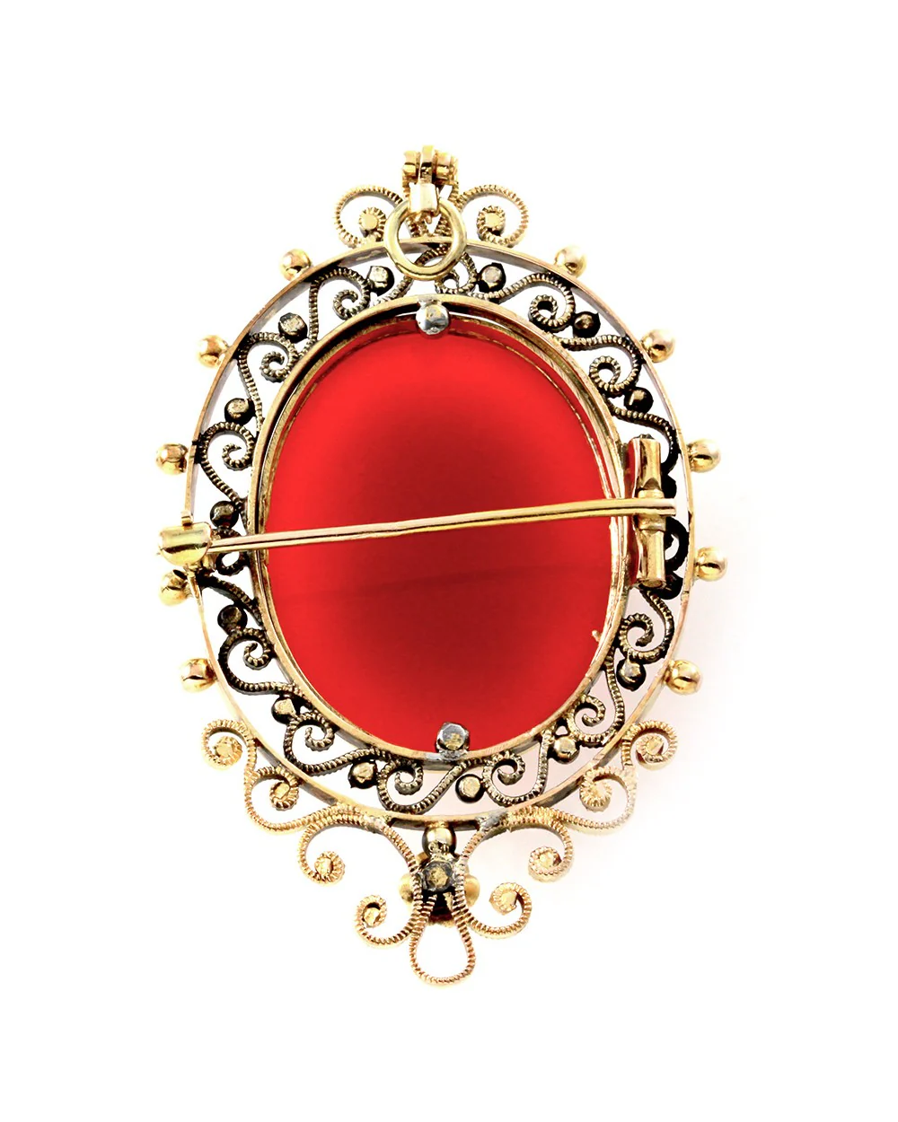 Lavender Celluloid Cameo and Pearl Brooch in Gold - Image 2