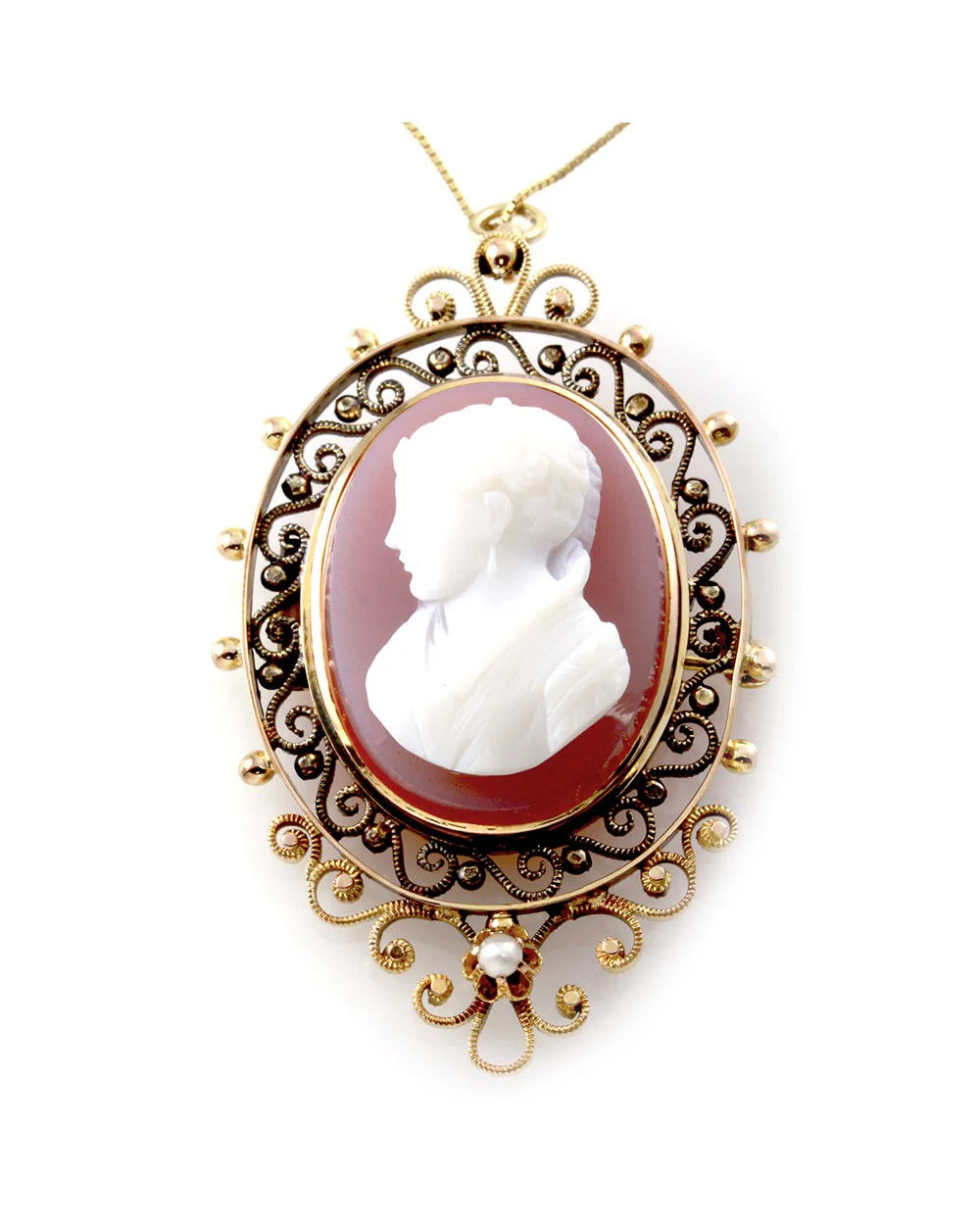 Lavender Celluloid Cameo and Pearl Brooch in Gold - Image 3