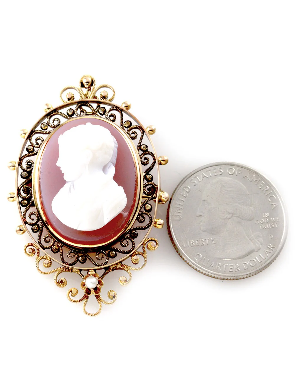 Lavender Celluloid Cameo and Pearl Brooch in Gold - Image 4