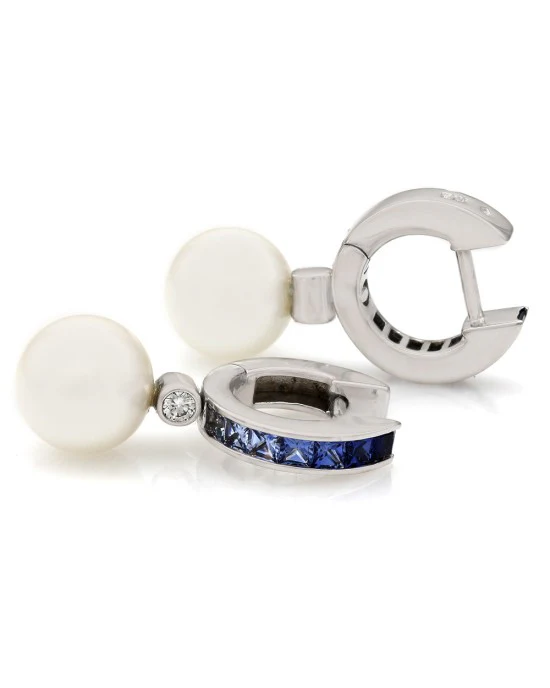 Light to Dark Blue Sapphire and Pearl Huggie Earrings - Image 2