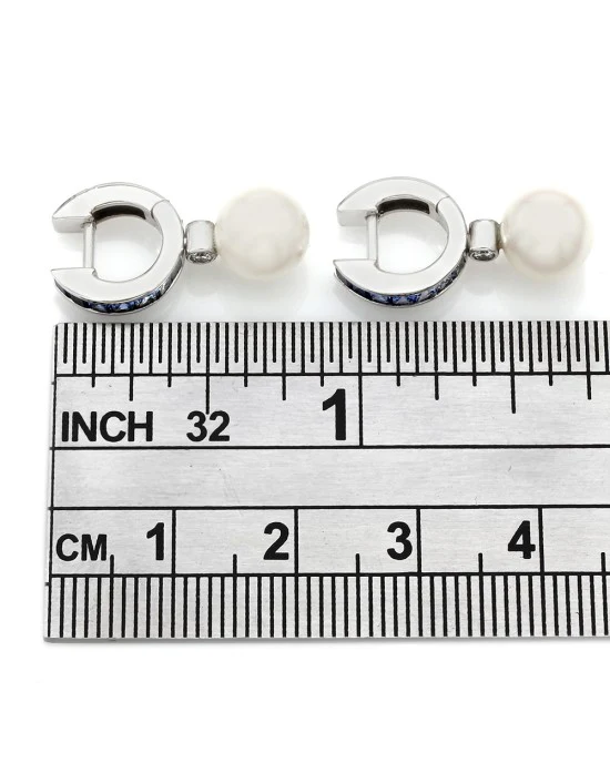 Light to Dark Blue Sapphire and Pearl Huggie Earrings - Image 3