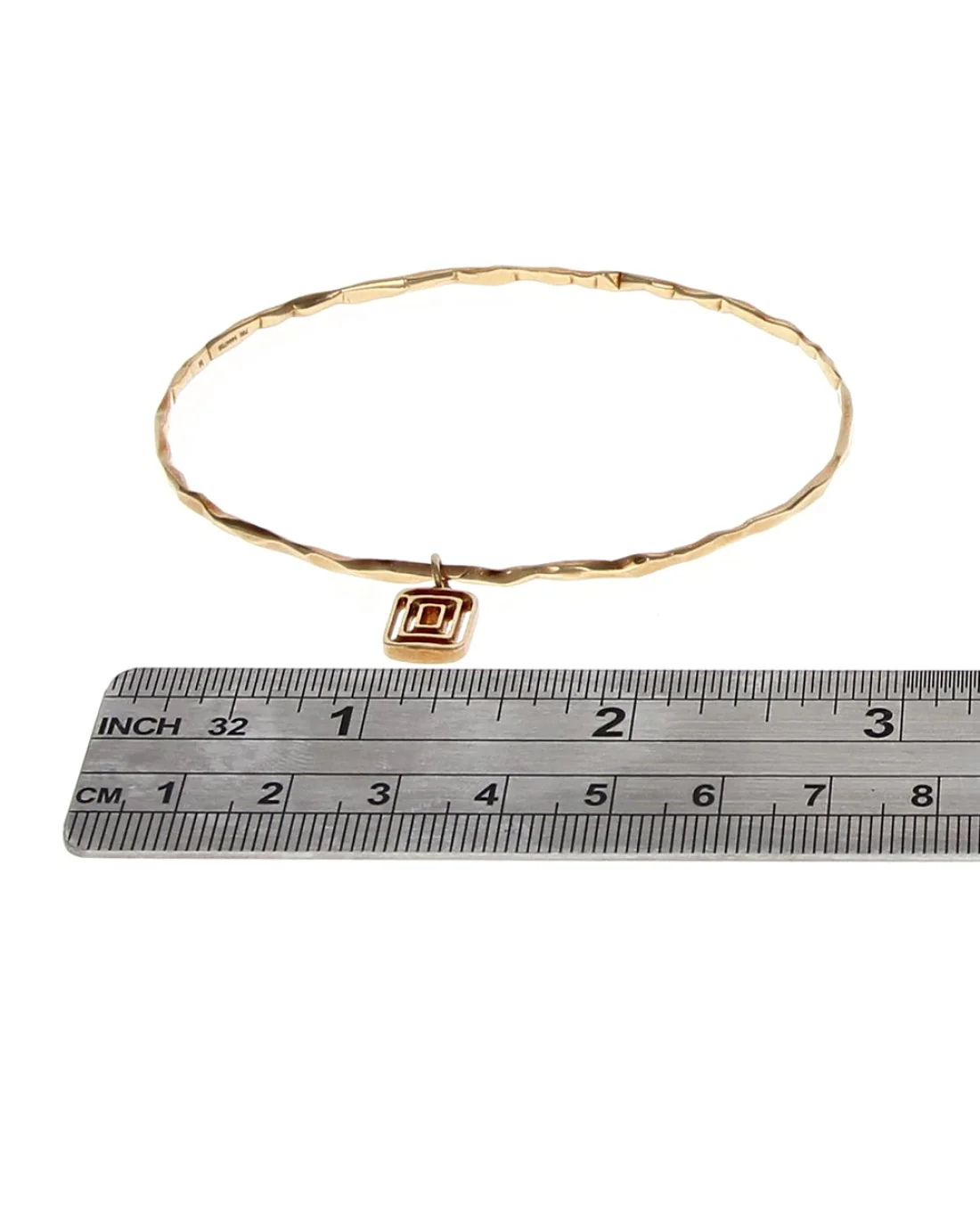 Mimi So Hammered Bangle Bracelet with Open Rectangle Charm in Yellow Gold - Image 2
