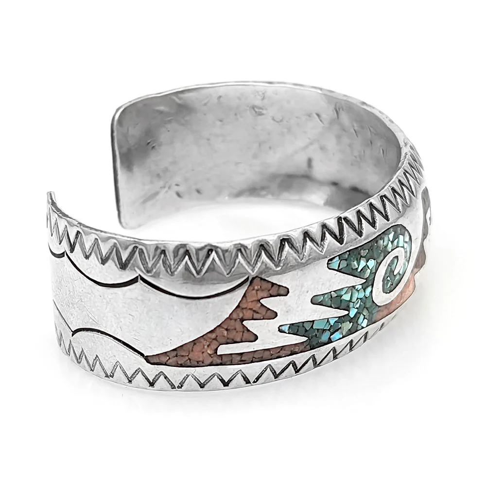 Navajo Delvin Nelson Sterling Silver Turquoise & Coral Chip Inlay Bracelet - Image 2