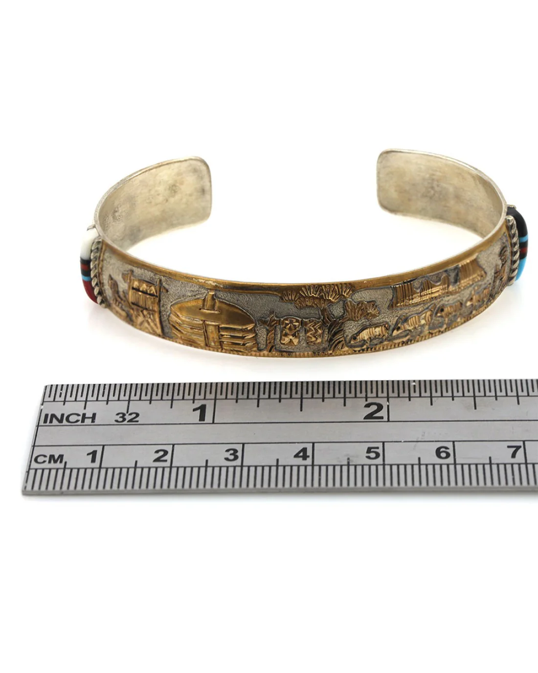 Navajo Gold Filled Sterling Silver Multi-Stone Inlay Storyteller Cuff Bracelet - Image 3