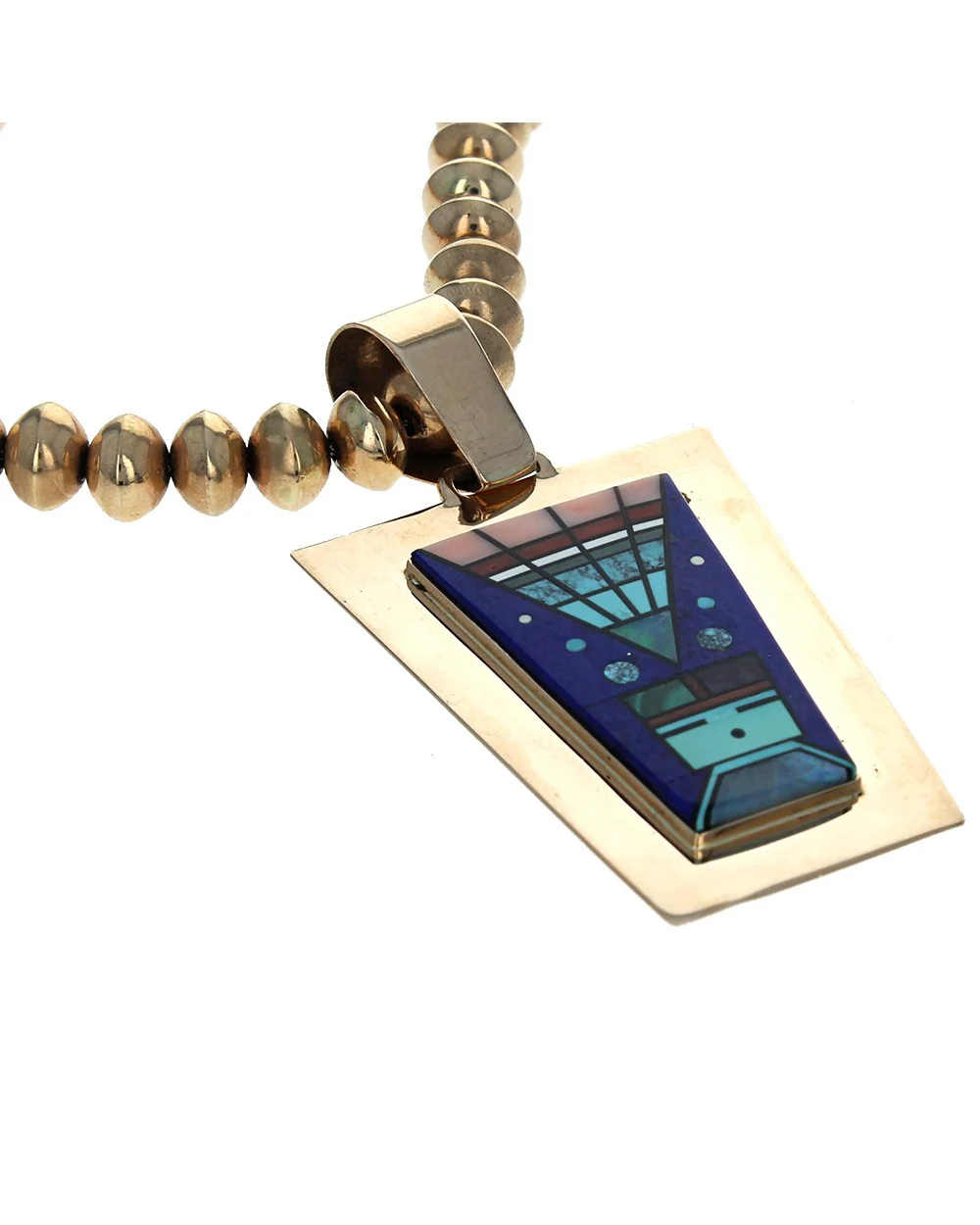 Navajo Jerry Nelson 14K Yellow Gold Bead Necklace & Multi-Stone Inlay Pendant - Image 2