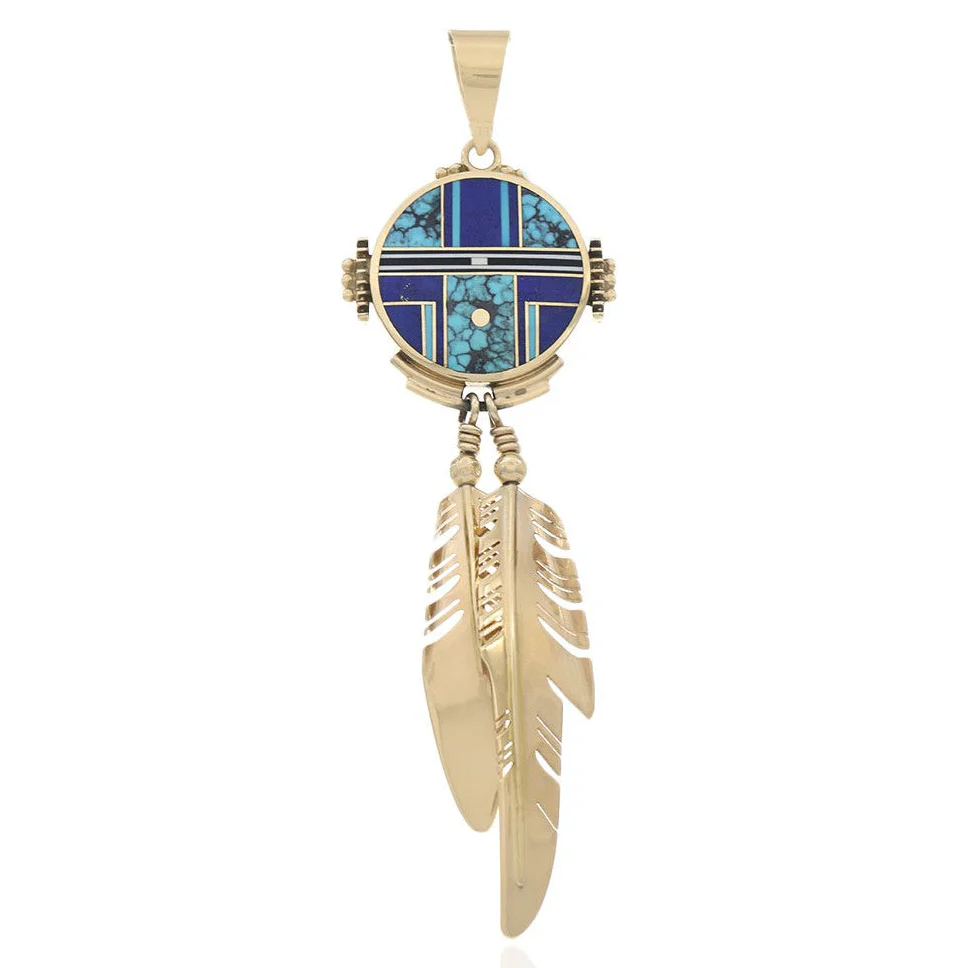 Navajo Ray Tracey 14K Yellow Gold Multi-Stone Inlay Reversible Sunface Pendant