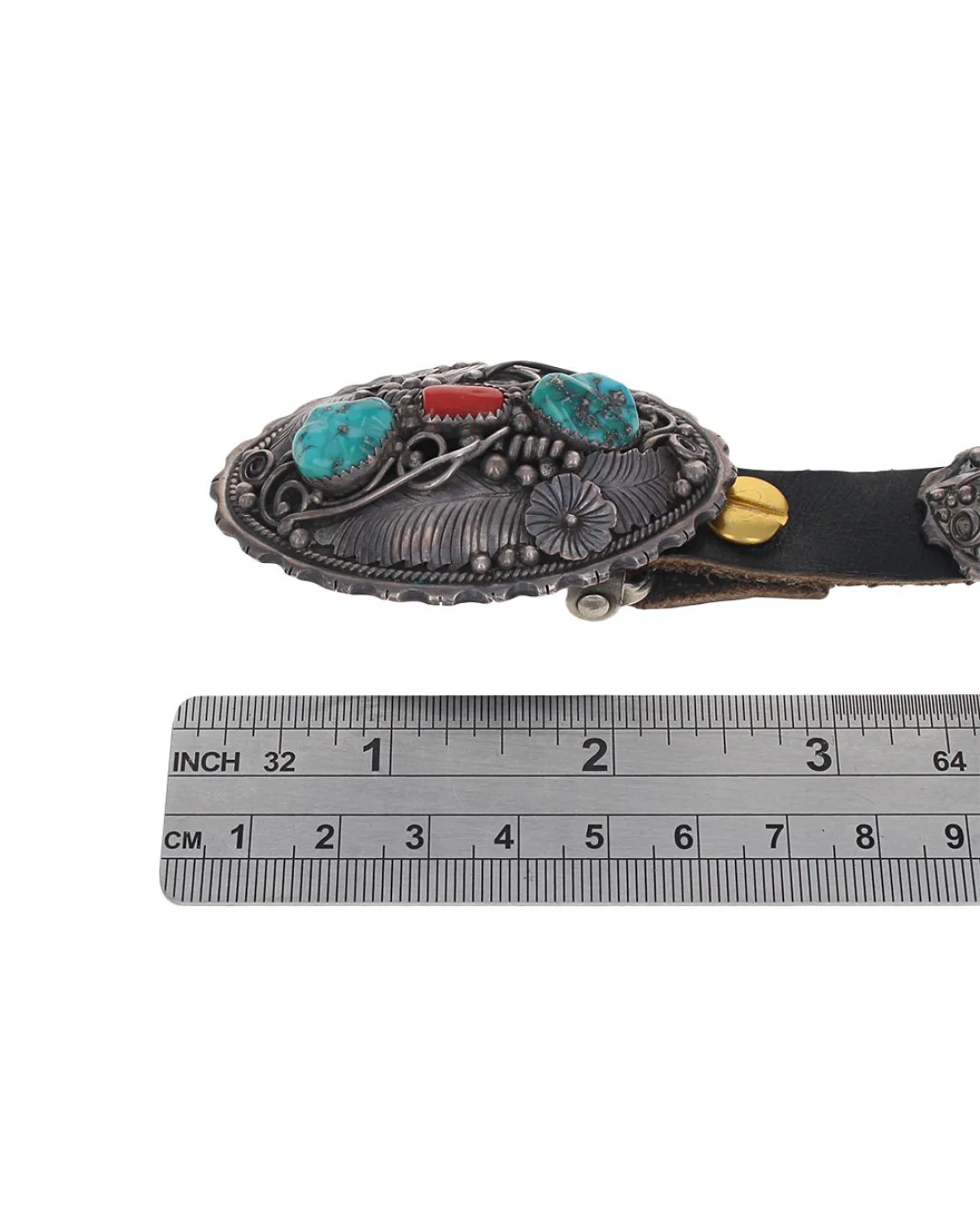Navajo Signed H.Y. Sterling Silver Turquoise & Coral Concho Belt - Image 3