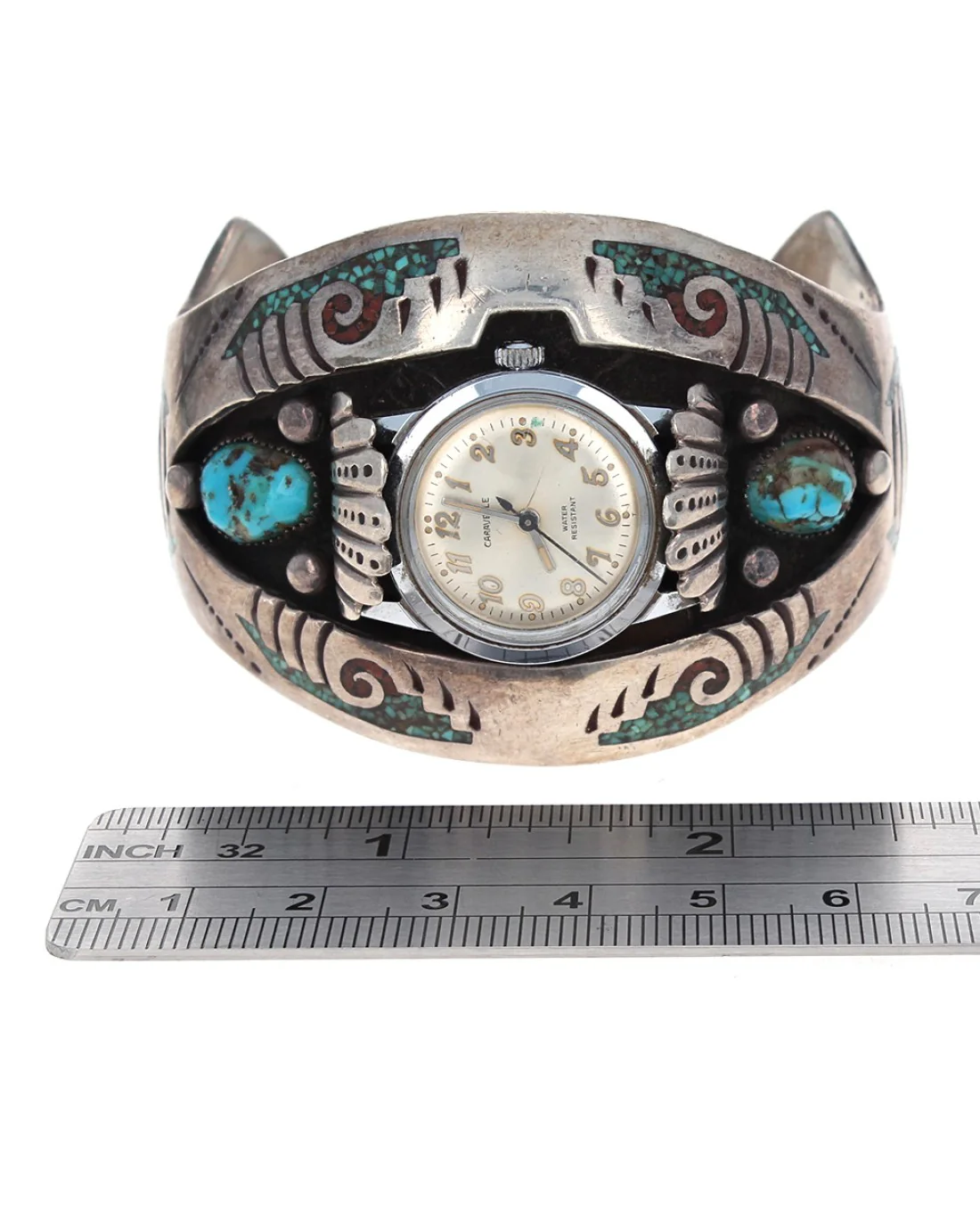 Navajo Signed Sterling Silver Turquoise & Coral Chip Inlay Watch Cuff Bracelet - Image 3