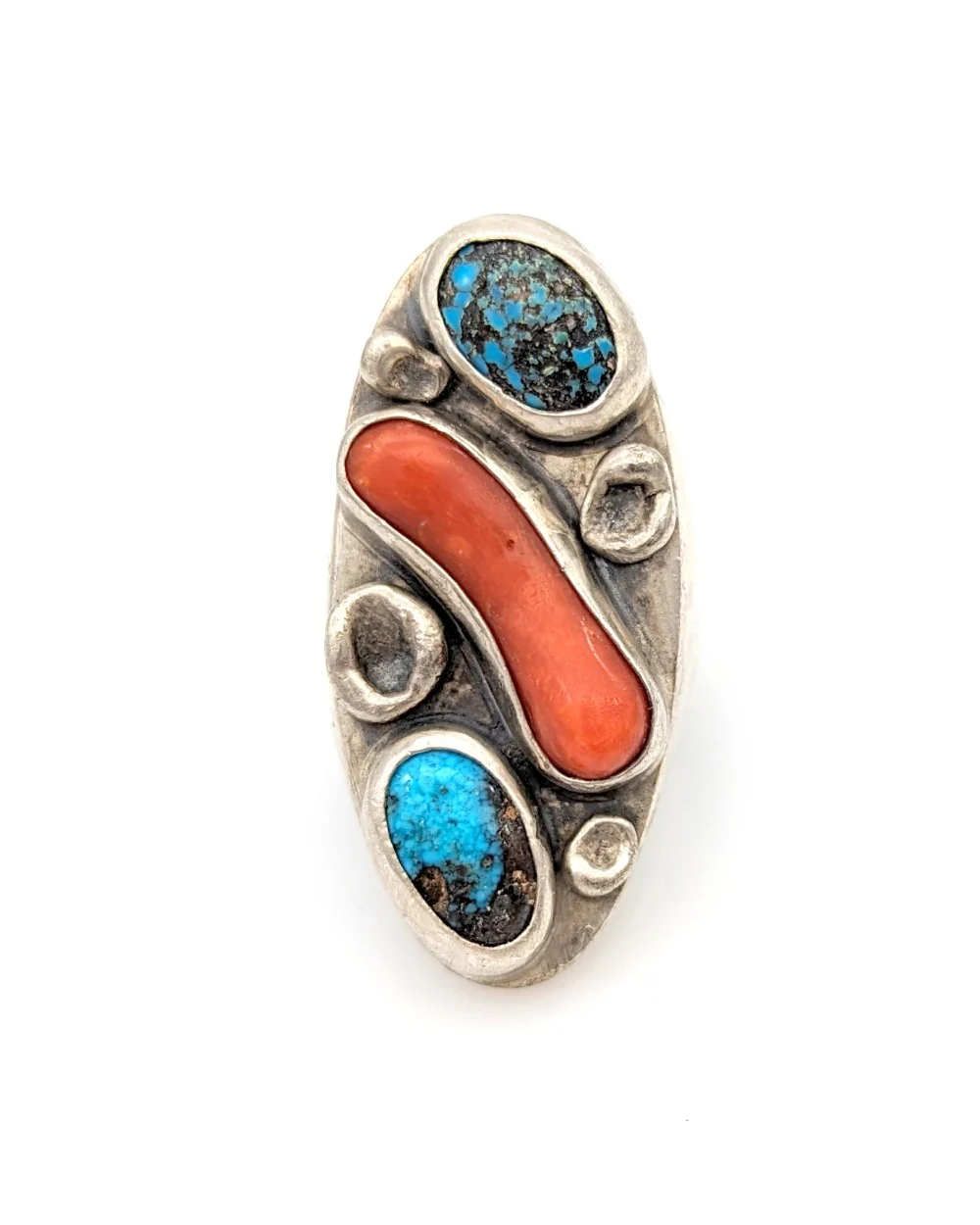 Navajo Sterling Silver Turquoise & Coral Ring - Image 2