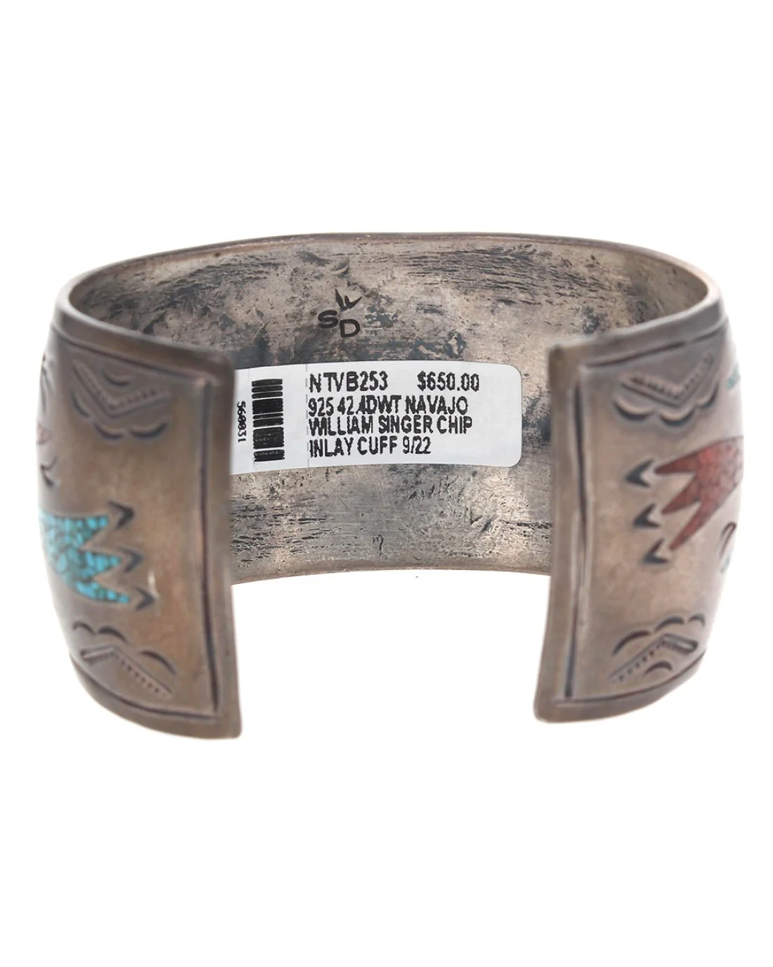 Navajo William Singer Sterling Silver Turquoise Chip Inlay Cuff Bracelet - Image 2