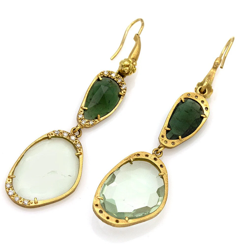 Nouveau 1910 14ky Green Tourmaline, Green Amethyst and Diamond Earrings - Image 2