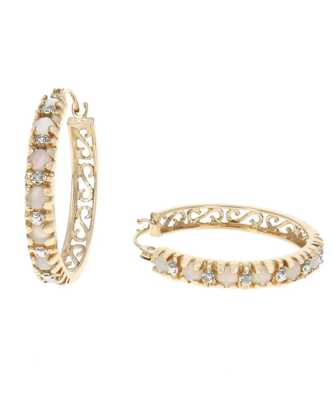 Opal and Diamond Scroll Accent Hoop Earrings in Yellow Gold - Image 2