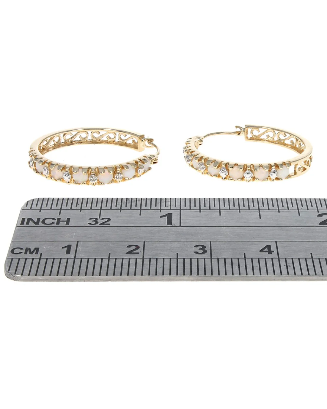 Opal and Diamond Scroll Accent Hoop Earrings in Yellow Gold - Image 3