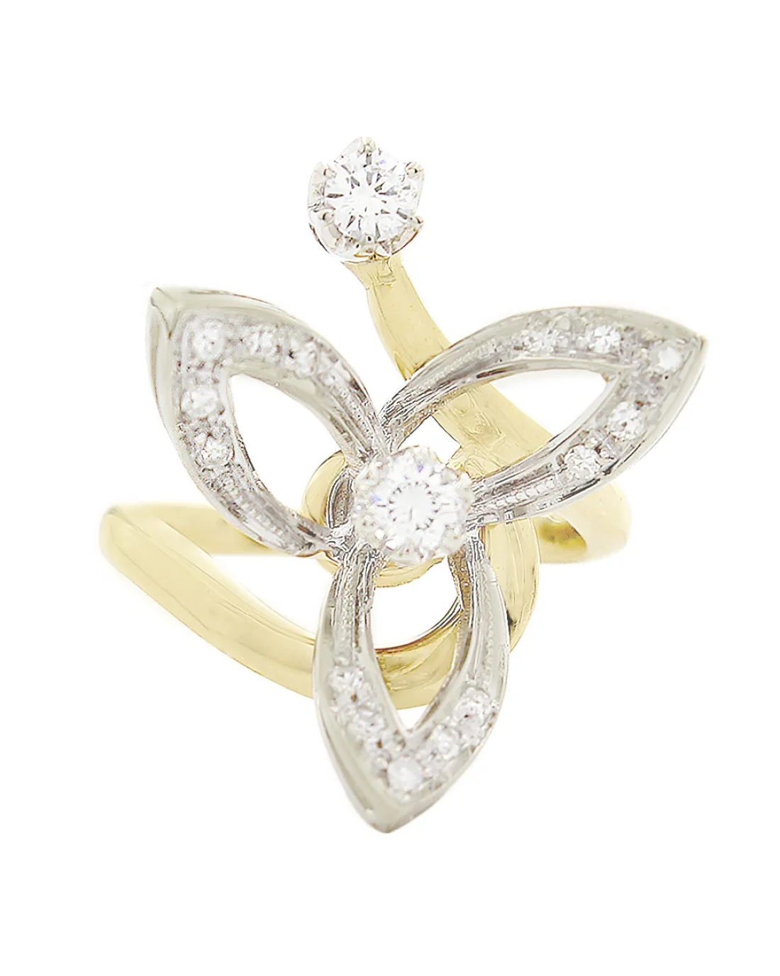 Open Leaf Motif Diamond Bypass Ring in Gold - Image 2