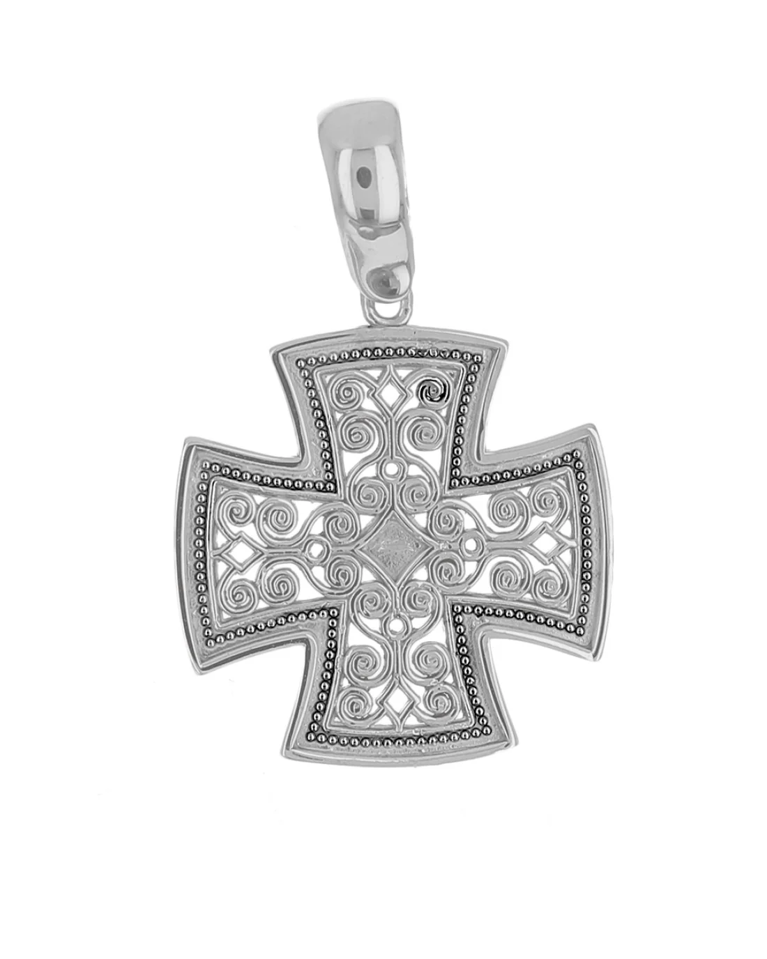 Open Scroll Milgrain Accent Byzantine Cross in White Gold - Image 2