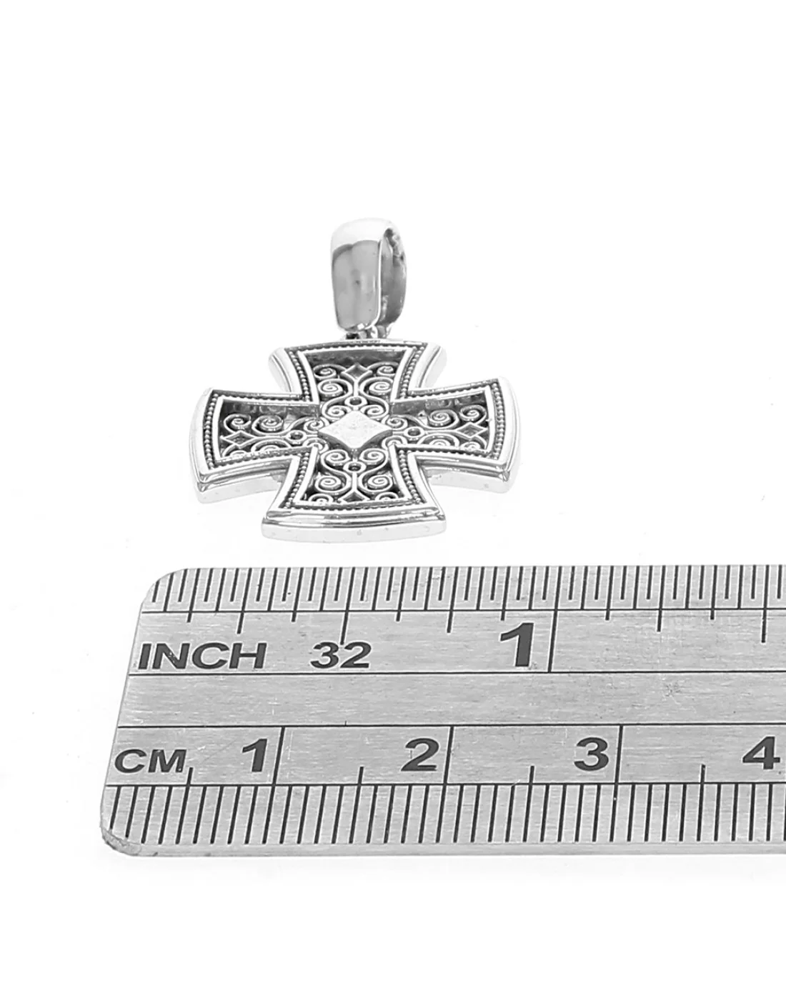 Open Scroll Milgrain Accent Byzantine Cross in White Gold - Image 3