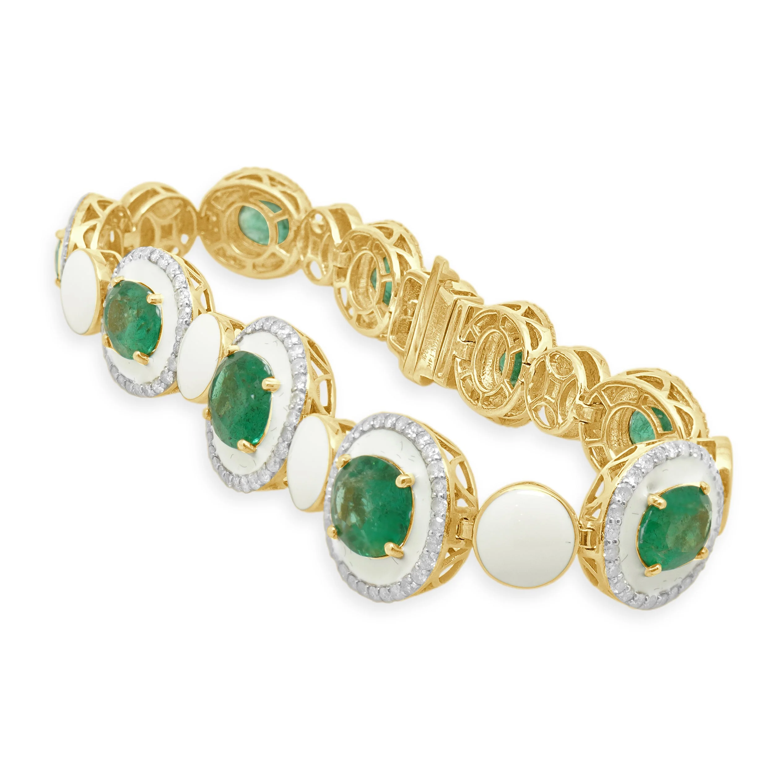 Oscar Friedman 14 Karat Yellow Gold Enamel, Emerald, and Diamond Station Bracelet