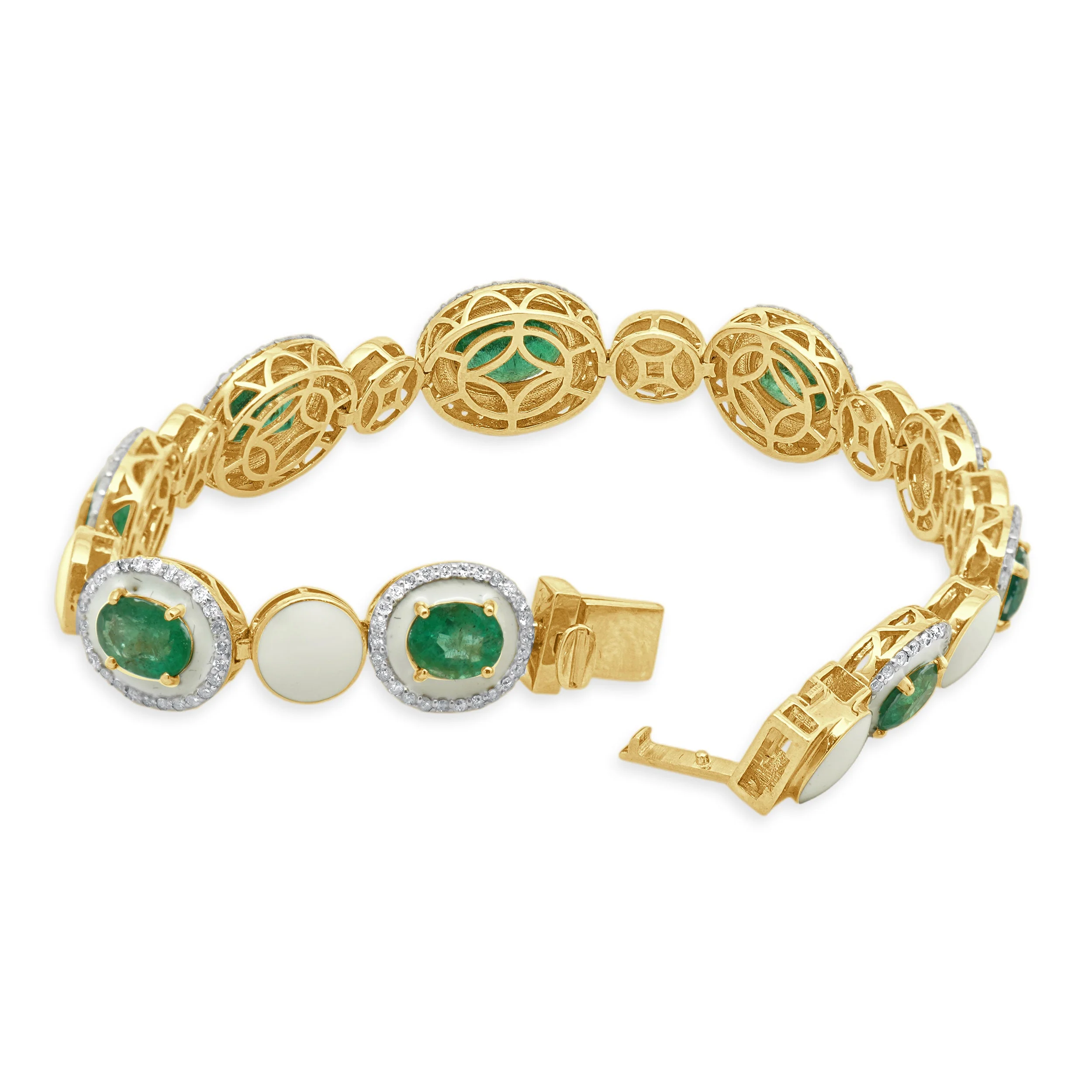 Oscar Friedman 14 Karat Yellow Gold Enamel, Emerald, and Diamond Station Bracelet - Image 3