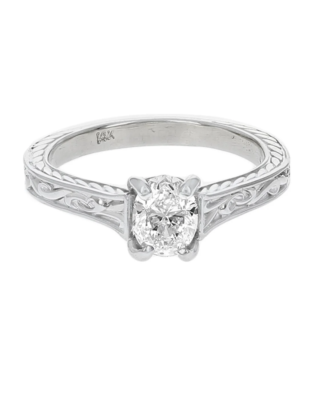 Oval Diamond Solitaire Etched Engagement Ring - Image 2