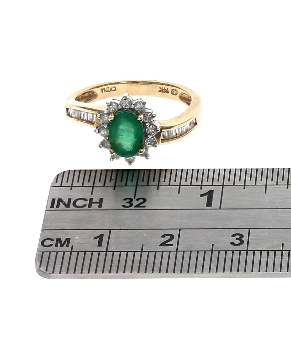 Oval Emerald and Diamond Halo Accent Ring in White and Yellow Gold - Image 3