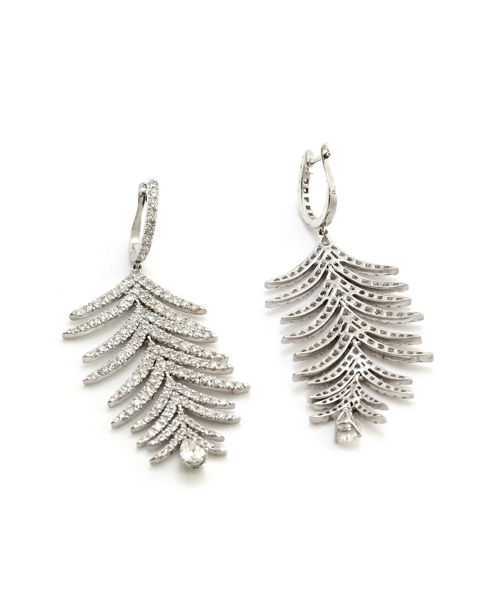Pave Diamond and Gold Feather Dangle Earrings - Image 2