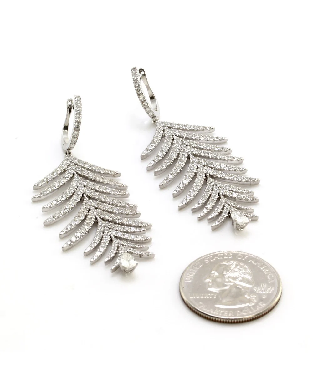 Pave Diamond and Gold Feather Dangle Earrings - Image 3