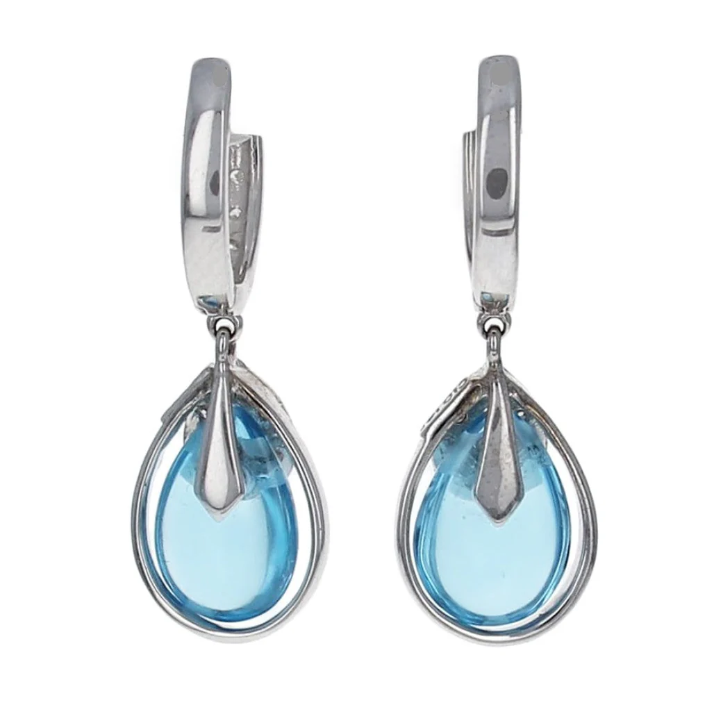 14K White Gold Pear Shaped Blue Topaz Cabochon and Diamond Drop Earrings - Image 2