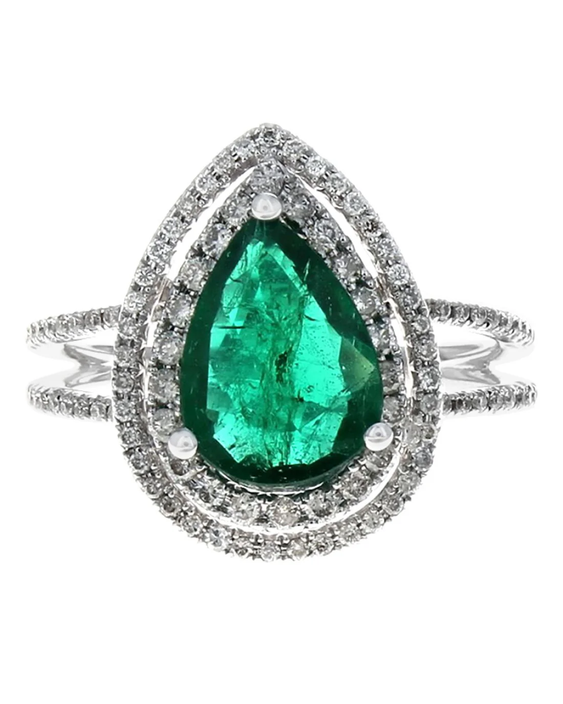 Pear Shaped Emerald and Diamond Double Halo Ring - Image 2