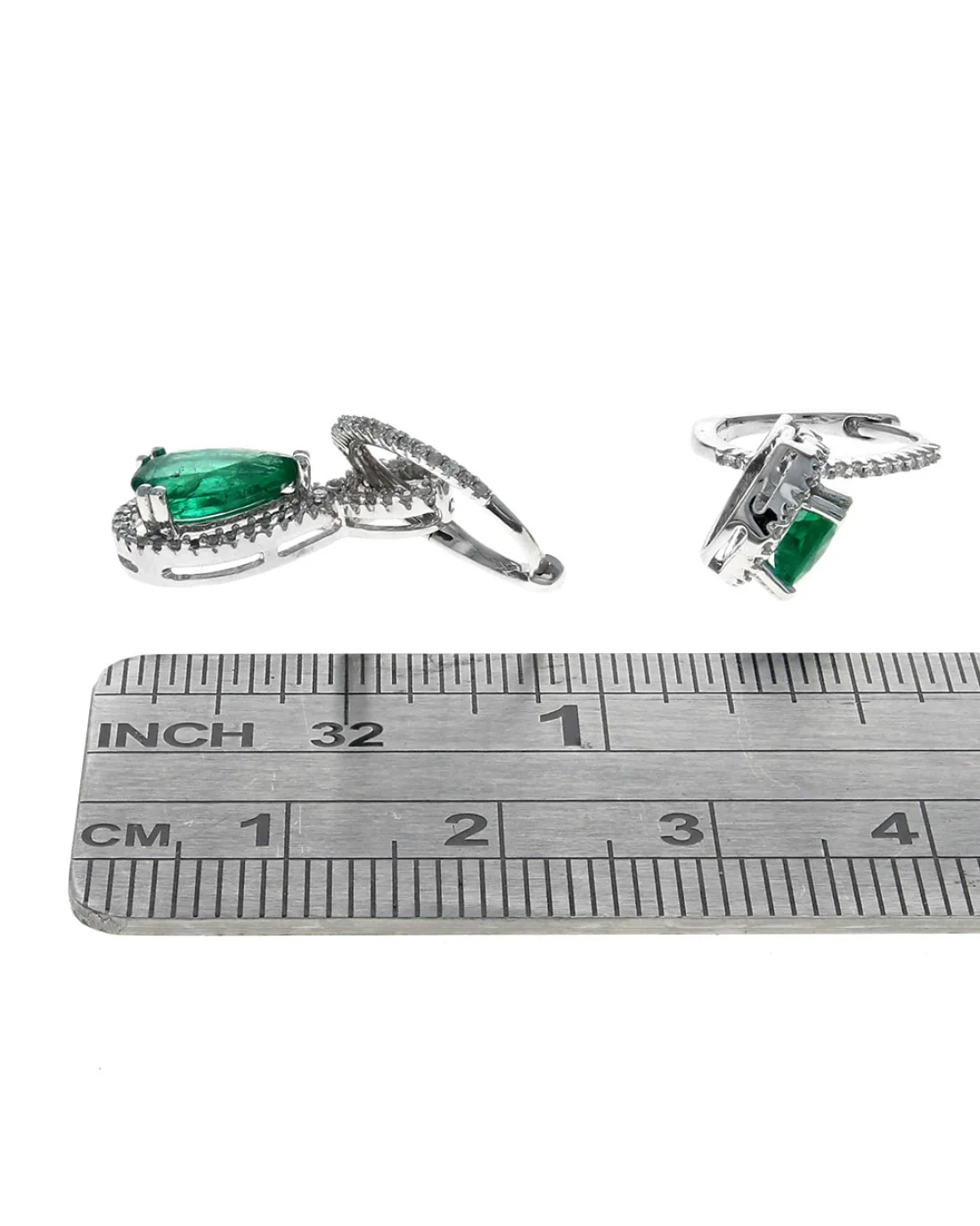 Pear Shaped Emerald and Diamond Halo Drop Earrings - Image 3