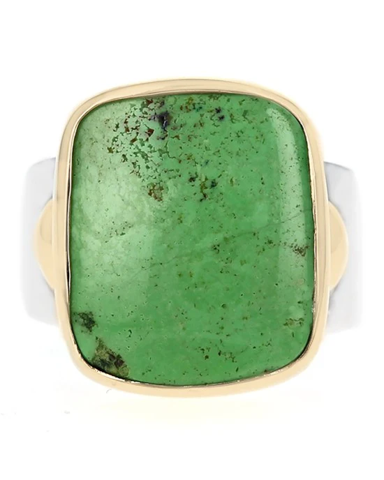 Peruvian Green Opal Cabochon Ring in Silver and Gold - Image 2