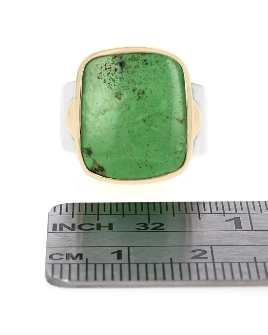 Peruvian Green Opal Cabochon Ring in Silver and Gold - Image 3