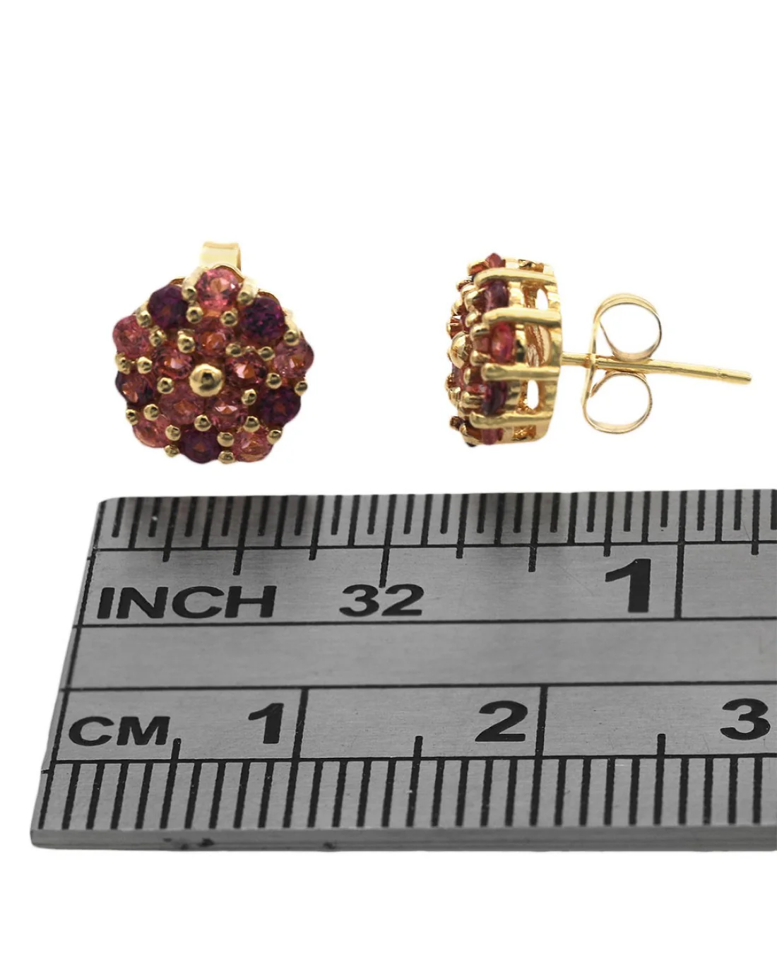 Pink Tourmaline and Rhodolite Garnet Round Cluster Stud Earrings in Yellow Gold - Image 3