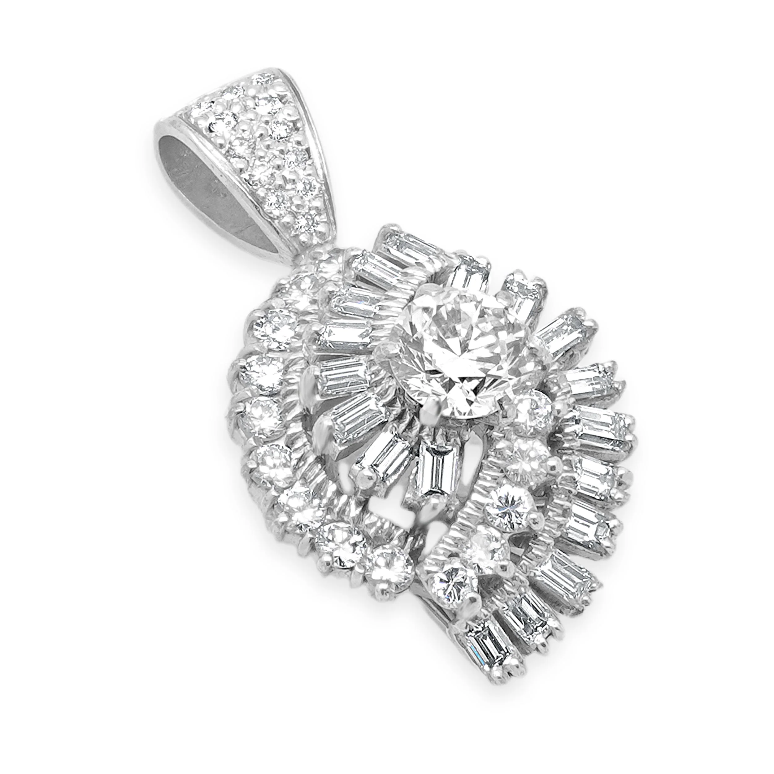 Platinum/ 14k White Gold Baguette & Round Brillaint Diamond Bypass Pendant - Image 3
